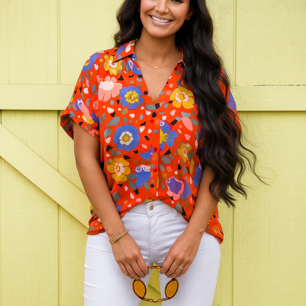 Cabi Visionary Replay Multicolor Floral Chiffon Relaxed‎ Fit Split V-Neck Top S